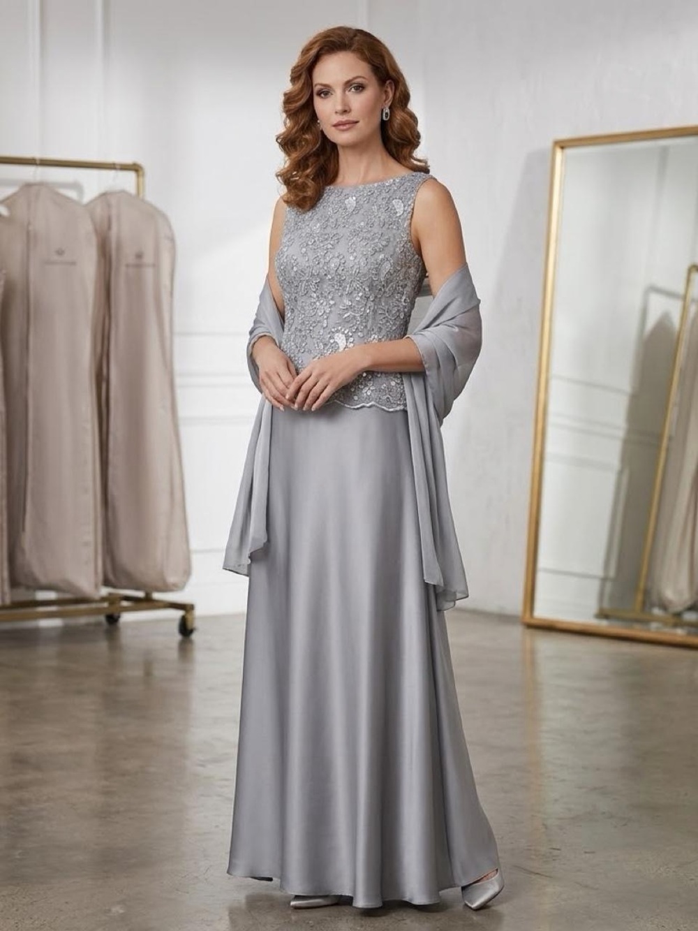 Patra Silver Lace Bodice Maxi Dress with Shawl